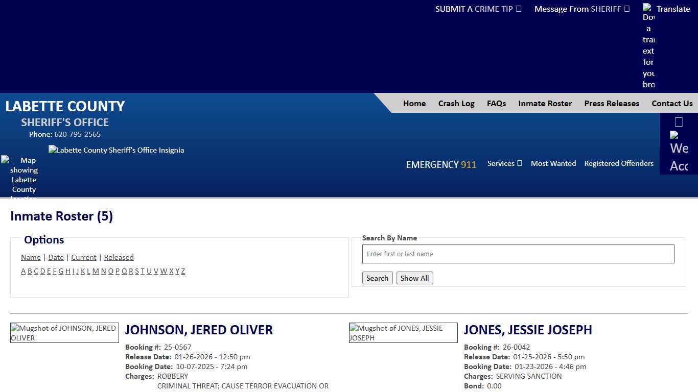 Inmate Roster - Released Inmates - Labette County Sheriff KS